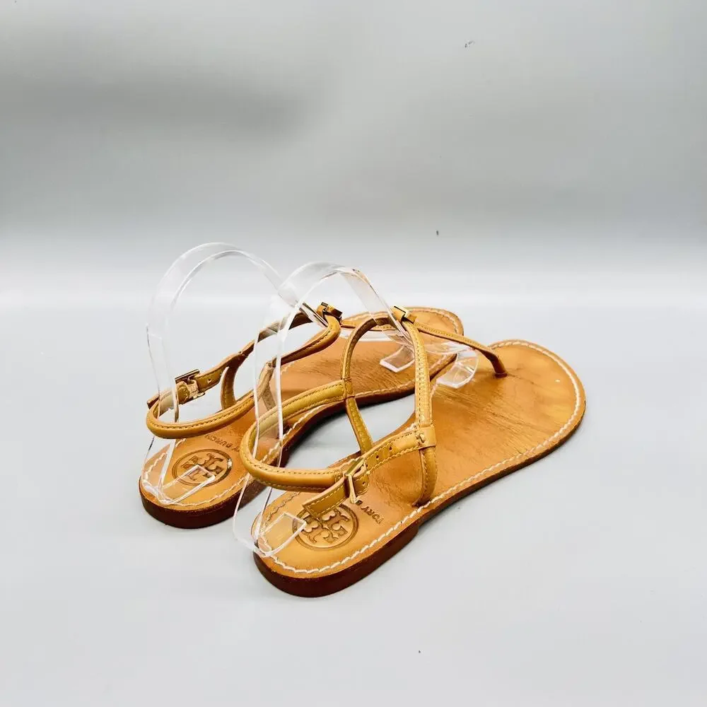 Tory Burch Sandals Womens 7 Beige Leather Thong Ankle Strap Logo Flat Shoes